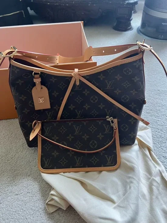 Louis Vuitton Monogram CarryAll PM Shoulder Bag in Brown and Tan with Red Accent - Picture 2 of 7